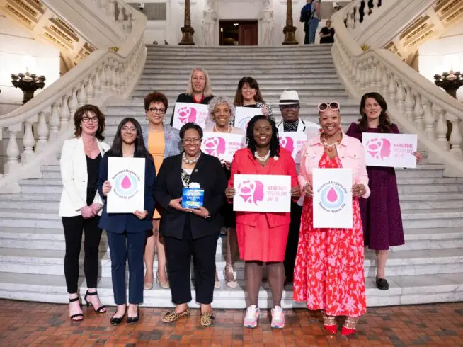 Menstrual equity advocates gather at the state Capitol on May 21, 2024 to call on the Legislature to approve Gov. Josh Shapiro's plan to fund period products in public schools throughout Pennsylvania.