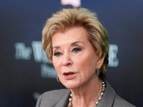Education Secretary Linda McMahon speaks with reporters in the James Brady Press Briefing Room at the White House, Thursday, Nov. 20, 2025, in Washington.
