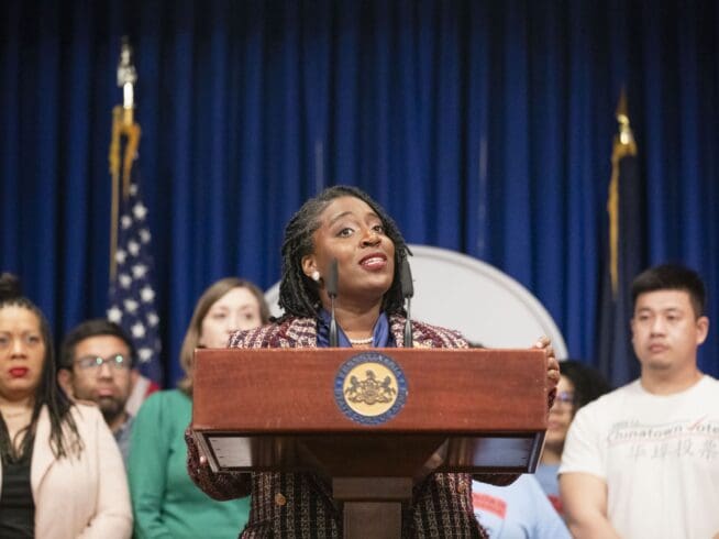 Pennsylvania House Speaker Joanna McClinton and voting rights advocates speak about McClinton's legislation to expand voting access in the commonwealth during a March 19, 2024 press conference at the Capitol in Harrisburg.