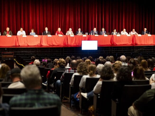 The Cumberland Valley School Board holds a special meeting to discuss their decision to cancel an assembly featuring Maulik Pancholy, Wednesday, April 24, 2024 in Mechanicsburg, Pa. (Joe Hermitt/The Patriot-News via AP)
