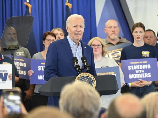 President of the United States Joe Biden is speaking about proposing tariffs on Chinese steel in his remarks at the United Steelworkers Headquarters in Pittsburgh, Pennsylvania, United States, on April 17, 2024. (Photo by Kyle Mazza/NurPhoto via AP)