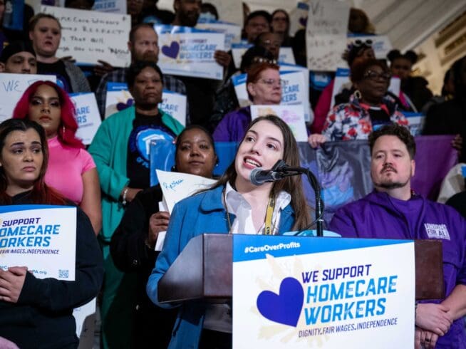 State Rep. Jessica Benham announces at a March 20, 2024 press conference at the state Capitol that she is crafting legislation to address the shortage of home care workers in Pennsylvania.