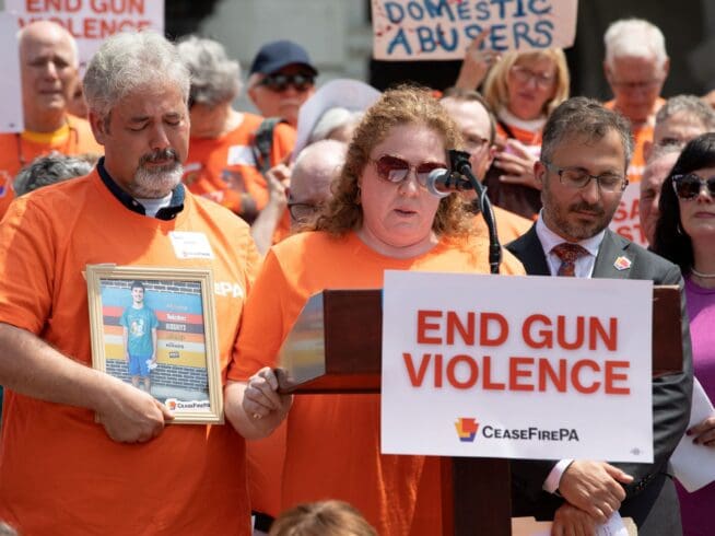 David Elliott and Karen Yust speak about their son, Dakota Ryan Elliott, during a gun safety rally at the Pennsylvania State Capitol on May 7, 2024.