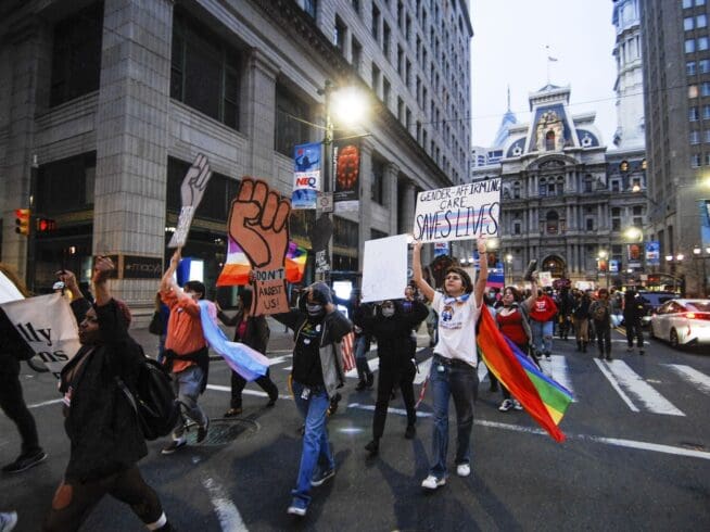 Trans and LGBTQIA plus youth lead a march down Market Street in defense of Trans human rights on Trans Visibility Day in Philadelphia, PA, on March 31, 2023. (Photo by Cory Clark/Sipa USA)(Sipa via AP Images)