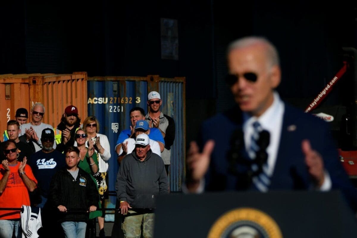 US President Joseph Biden delivers remarks outlining plans for the investment in seven regional clean hydrogen energy hubs during a visit to Tioga Marine Terminal in Philadelphia, PA, on October 13, 2023.