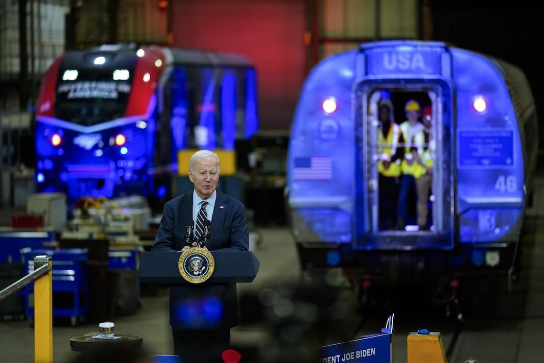 President Joe Biden speaks at the Amtrak Bear Maintenance Facility, Monday, Nov. 6, 2023, in Bear, Del. (AP Photo/Matt Rourke)
