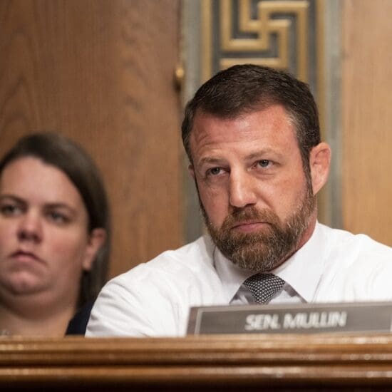 Sen. Markwayne Mullin, R-Okla., listens during the Senate Health, Education, Labor and Pensions Committee hearing on "Standing Up Against Corporate Greed: How Unions are Improving the Lives of Working Families" on Tuesday, November 14, 2023, in the Dirksen Senate Office Building. (Bill Clark/CQ Roll Call via AP Images)