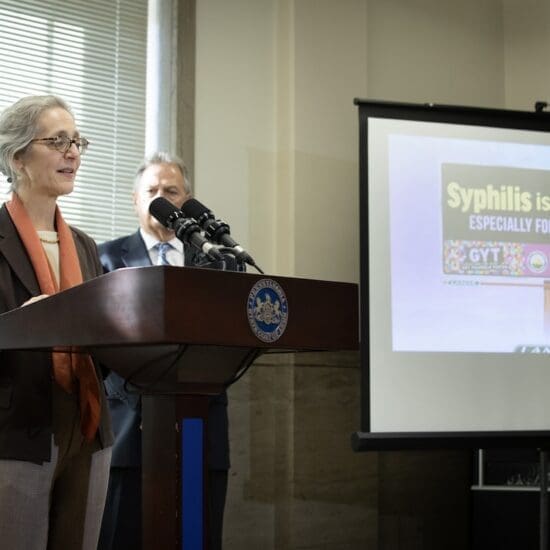 Dr. Debra Bogen, Pennsylvania's acting health secretary, speaks of the state's rise in newborn syphilis cases during a press conference in Wilkes-Barre on Nov. 21, 2023. (Photo courtesy of the Pennsylvania Department of Health)