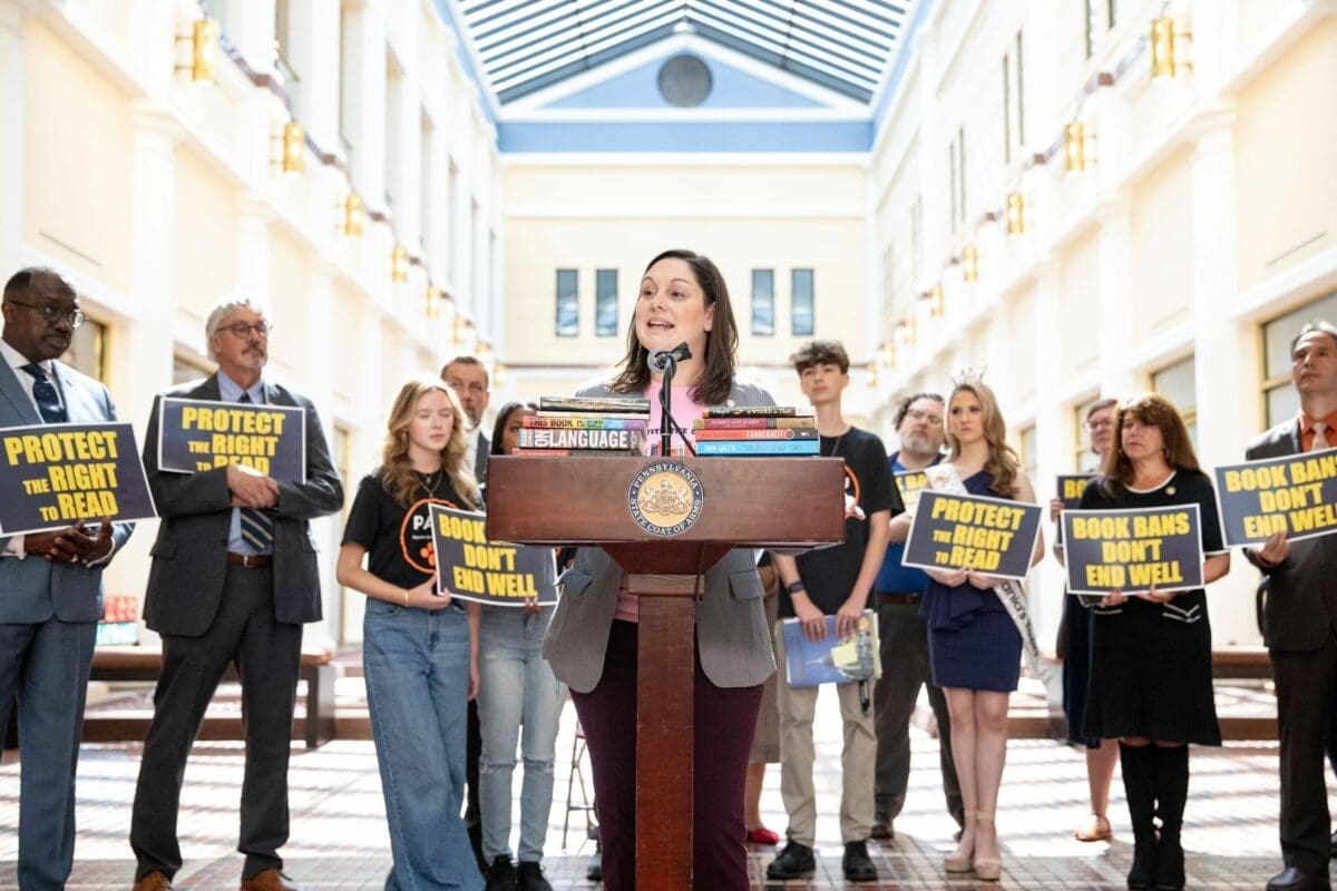 State Sen. Amanda Cappelletti speaks against book bans during a press conference at the Pennsylvania State Capitol on Sept. 19.