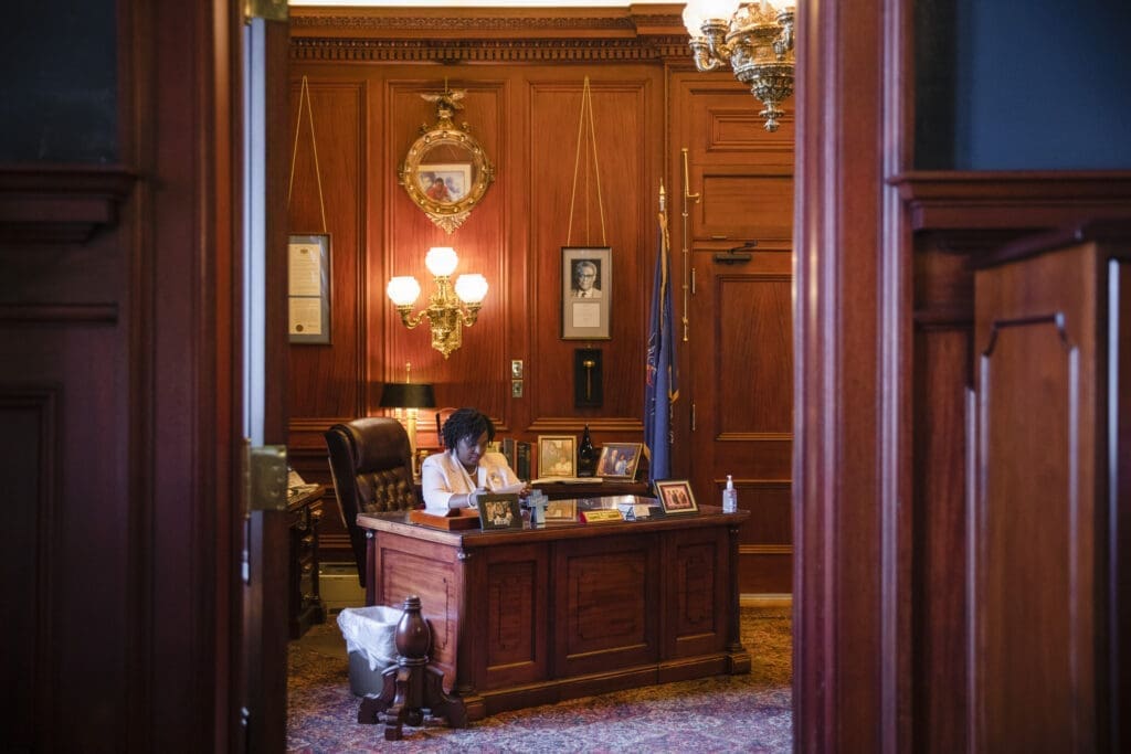 Pennsylvania House Speaker Joanna McClinton works from her Harrisburg office.