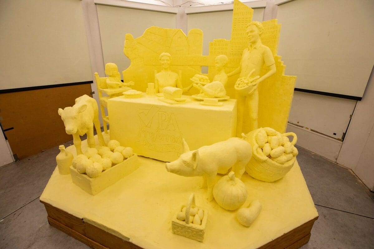 Agriculture Secretary Russell Redding unveiled the 2024 PA Farm Show Butter Sculpture, a 1,000-pound diorama in dairy titled, A Table for All: Pennsylvania Dairy Connects Communities. The sculpture was designed and crafted by Jim Victor and Marie Peltonof Conshohocken to reflect the 2024 Farm Show theme, Connecting Our Communities, and to celebrate the 20th anniversary of PA Preferred®, Pennsylvania’s statewide brand for locally grown and made agricultural products.