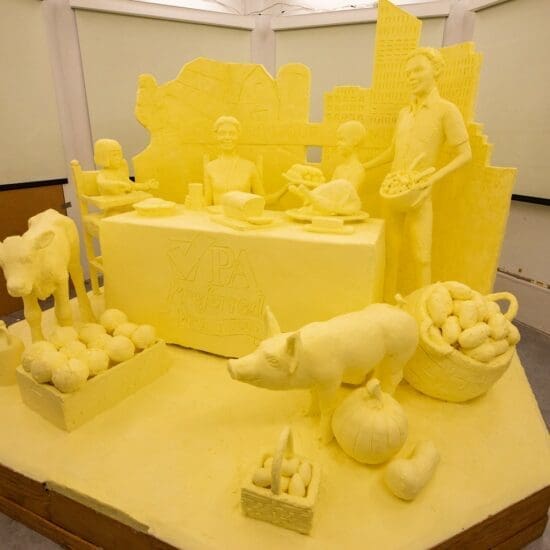 Agriculture Secretary Russell Redding unveiled the 2024 PA Farm Show Butter Sculpture, a 1,000-pound diorama in dairy titled, A Table for All: Pennsylvania Dairy Connects Communities. The sculpture was designed and crafted by Jim Victor and Marie Peltonof Conshohocken to reflect the 2024 Farm Show theme, Connecting Our Communities, and to celebrate the 20th anniversary of PA Preferred®, Pennsylvania’s statewide brand for locally grown and made agricultural products.