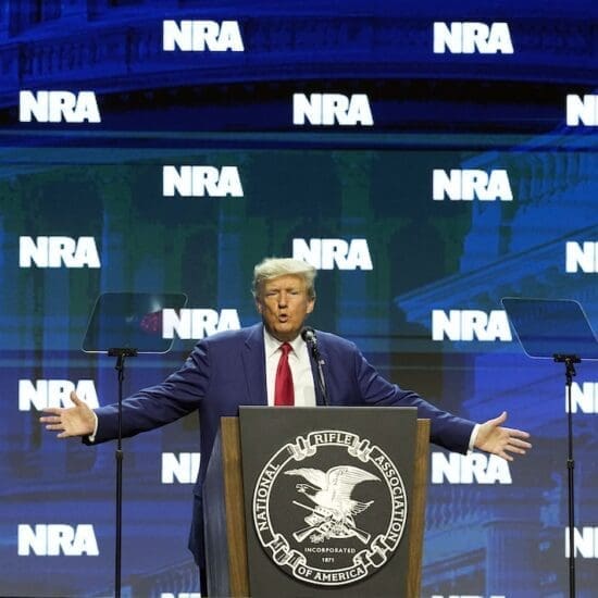 Former President Donald Trump speaks during at the National Rifle Association Convention, Friday, April 14, 2023, in Indianapolis. (AP Photo/Darron Cummings)