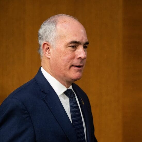 Sen. Bob Casey, Jr., D-Pa., arrives to chair the Senate Special Aging Committee hearing on "Assisted Living Facilities: Understanding Long-Term Care Options for Older Adults" on Thursday, January 25, 2024.